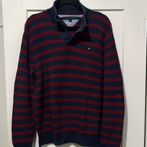 Tommy Hilfiger Men's Striped Crewneck Sweater - Navy and Red